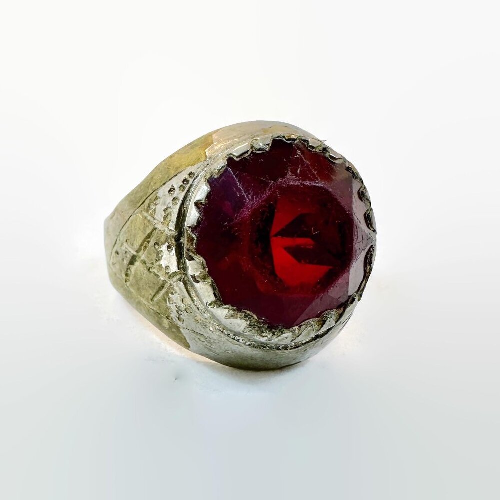 Vintage Afghan Ring Middle Eastern: Red Glass Jewel Mens Mixed Metal Patina Old